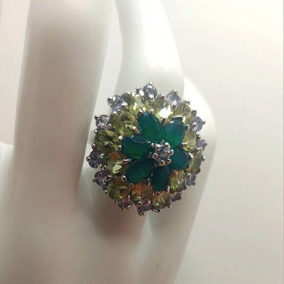 Natural Aventurine 6x4mm, Peridot, Tanzanite 925 Sterling Silver Ring Size 6.75 - Picture 6 of 11